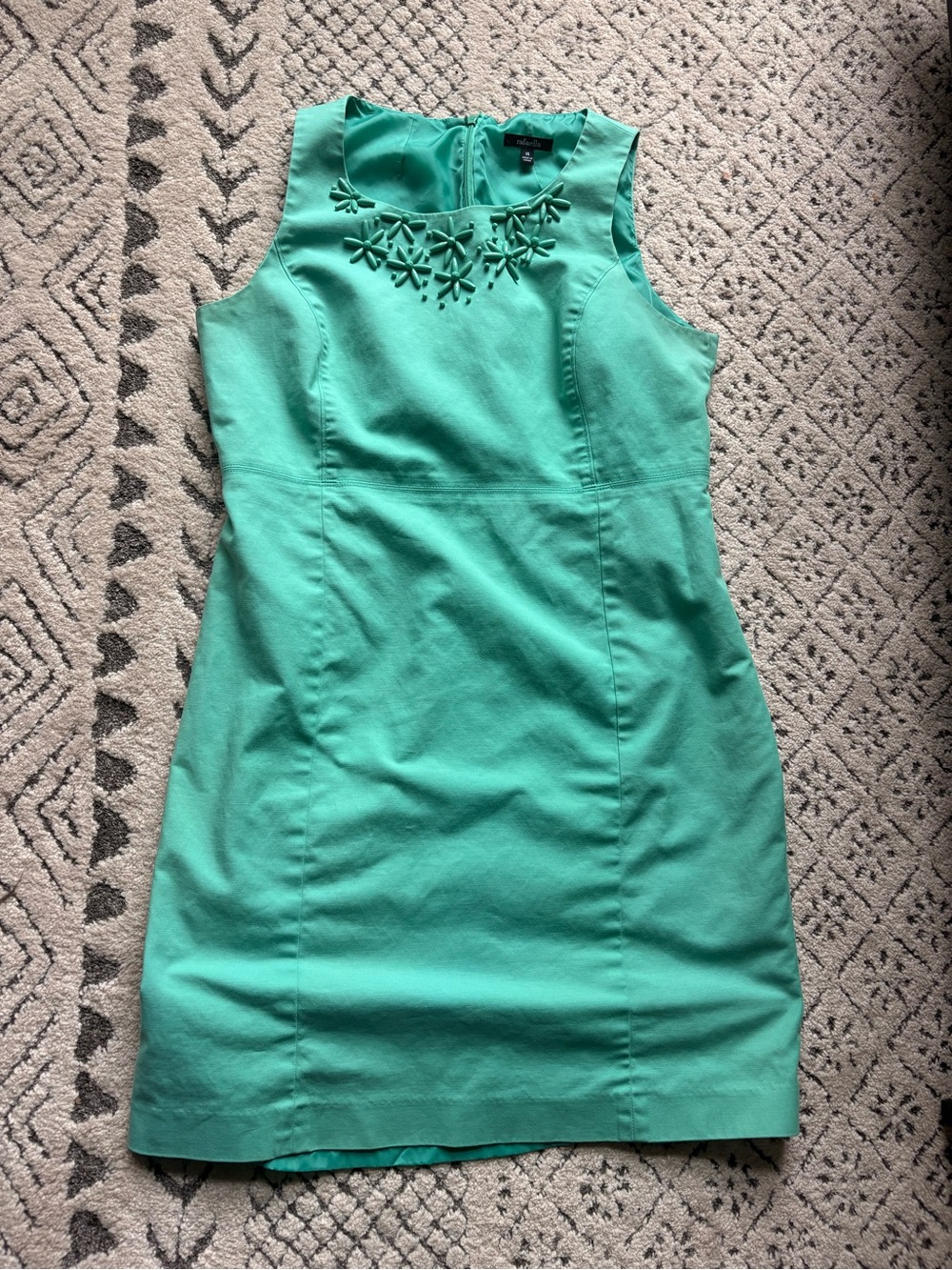 Rafaella Sleeveless Mint Sheath Dress with Floral Neck Appliqué
